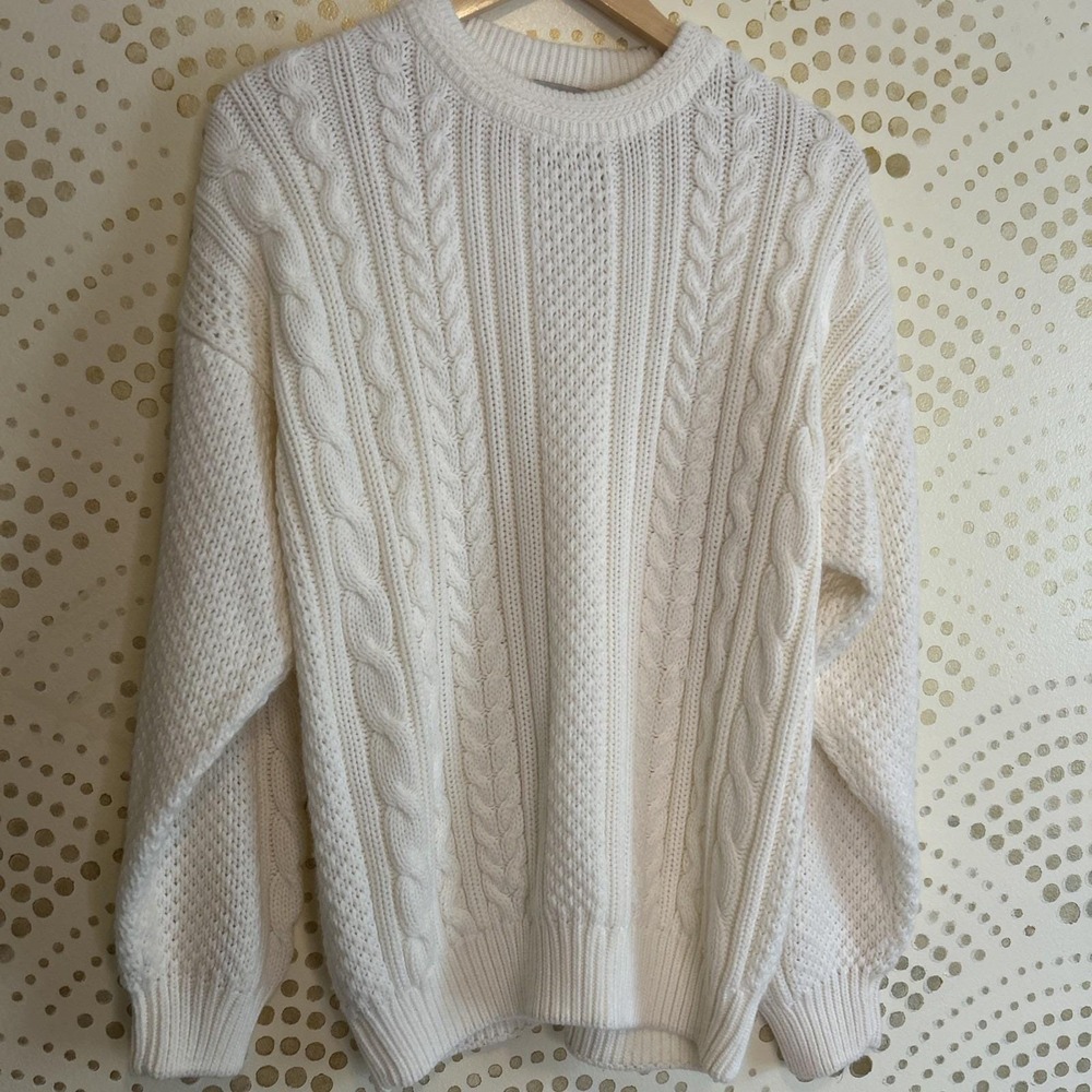 Vintage 80s‎ 90s LARGE Cream Chunky Cable Knit Fisherman Sport Sweater 14-16